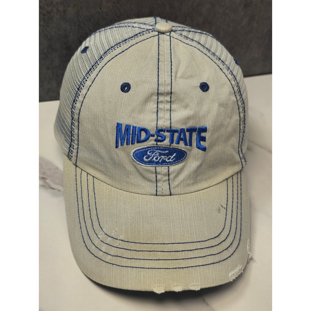 Mid-State Ford Trucker Hat Mens Tan‎ Blue Distressed Mesh Back Adjustable Cap